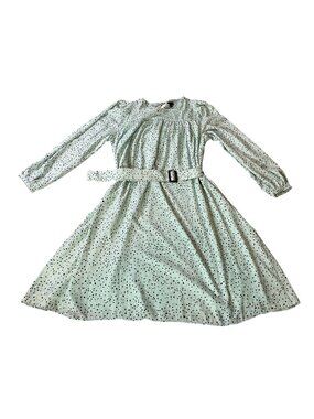 Ann Taylor Mint Green Dots Long Sleeve Midi Dress w/ Belt Large